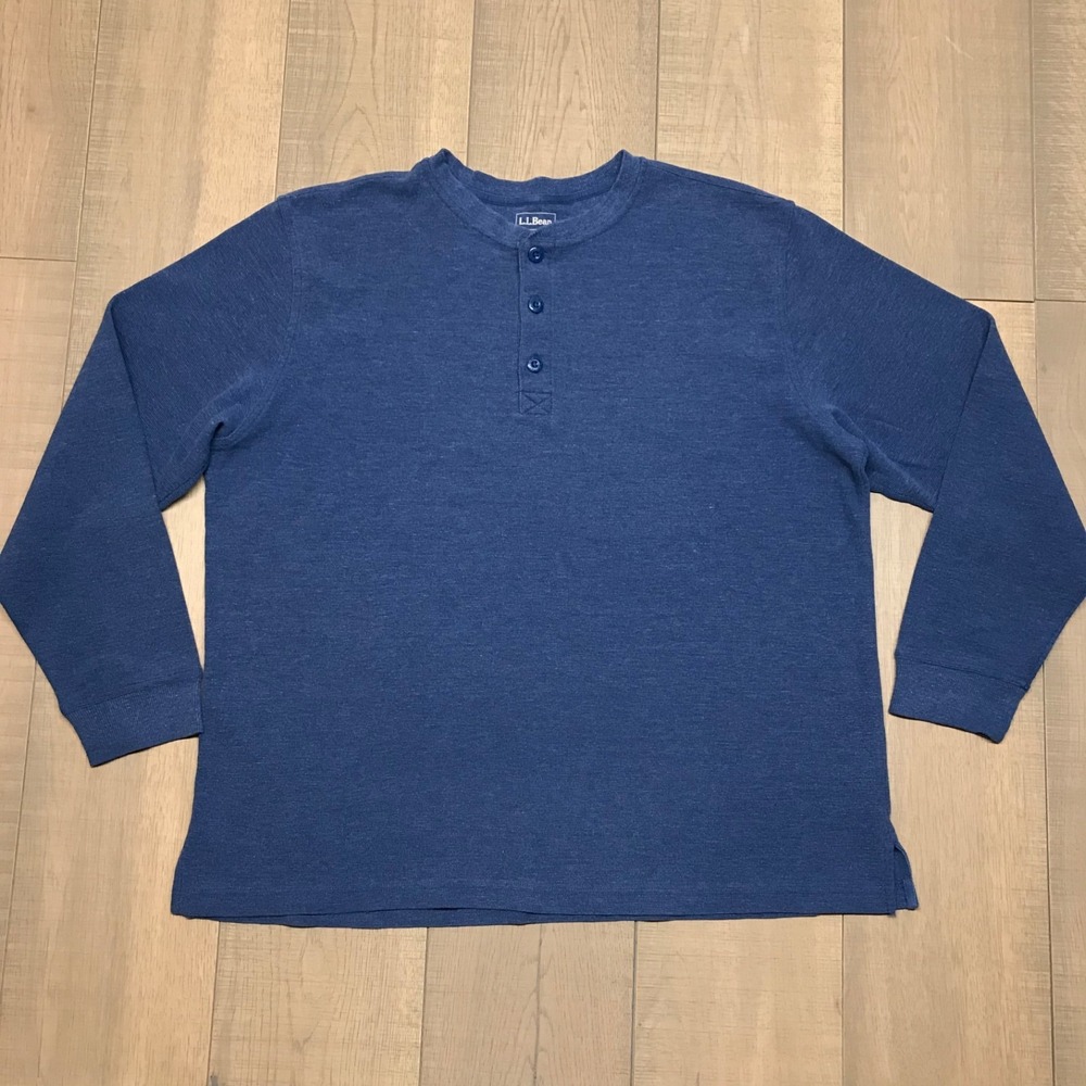 L.L. Bean Henley Shirt Tee Mens Size XL Mini Waffle Knit Blue Long Sleeve Cotton
